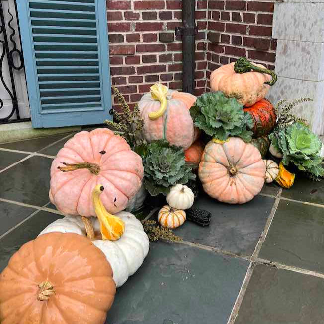 Decorative pumpkins and gourds on a stone patio with a brick wall background.
