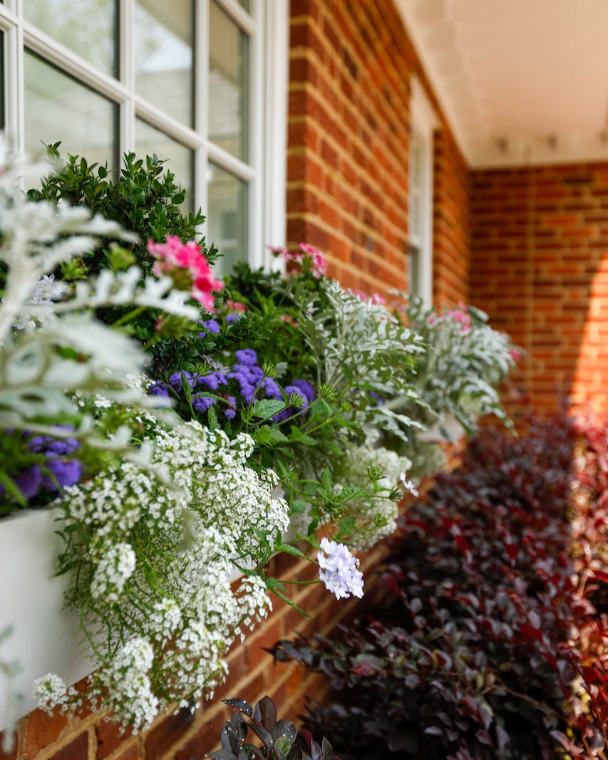 Floral arrangement on a brick ledge with a window in the background