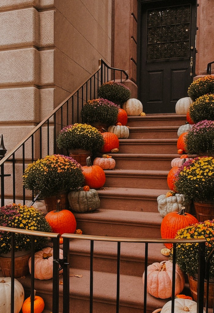 Decorative staircase with pumpkins and potted plants on a city street.